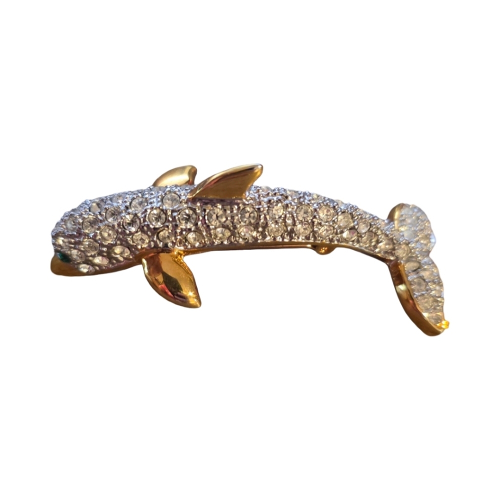 Leaping Dolphin Porpoise Shoulder Pin Brooch, w/ Clear Rhinestones, Green Eyes